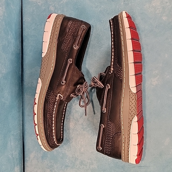 ❤Men's Sperry Top Siders, Black Leather w/ Tri-Color Soles & Memory Foam Insoles - Picture 4 of 13